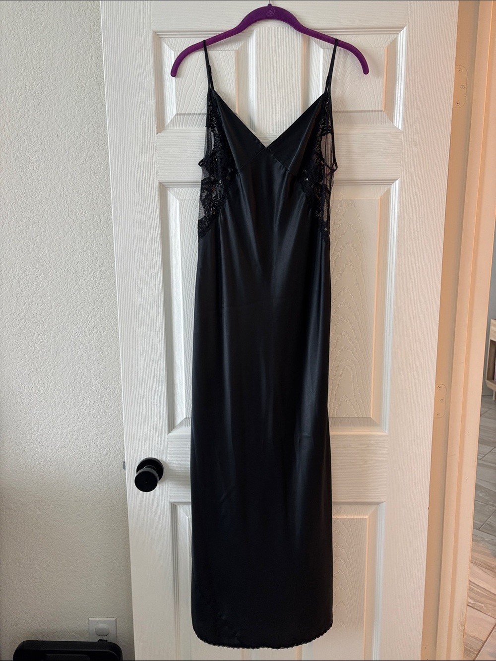 Victoria's Secret Vintage Black Satin Slip Chemise with Lace